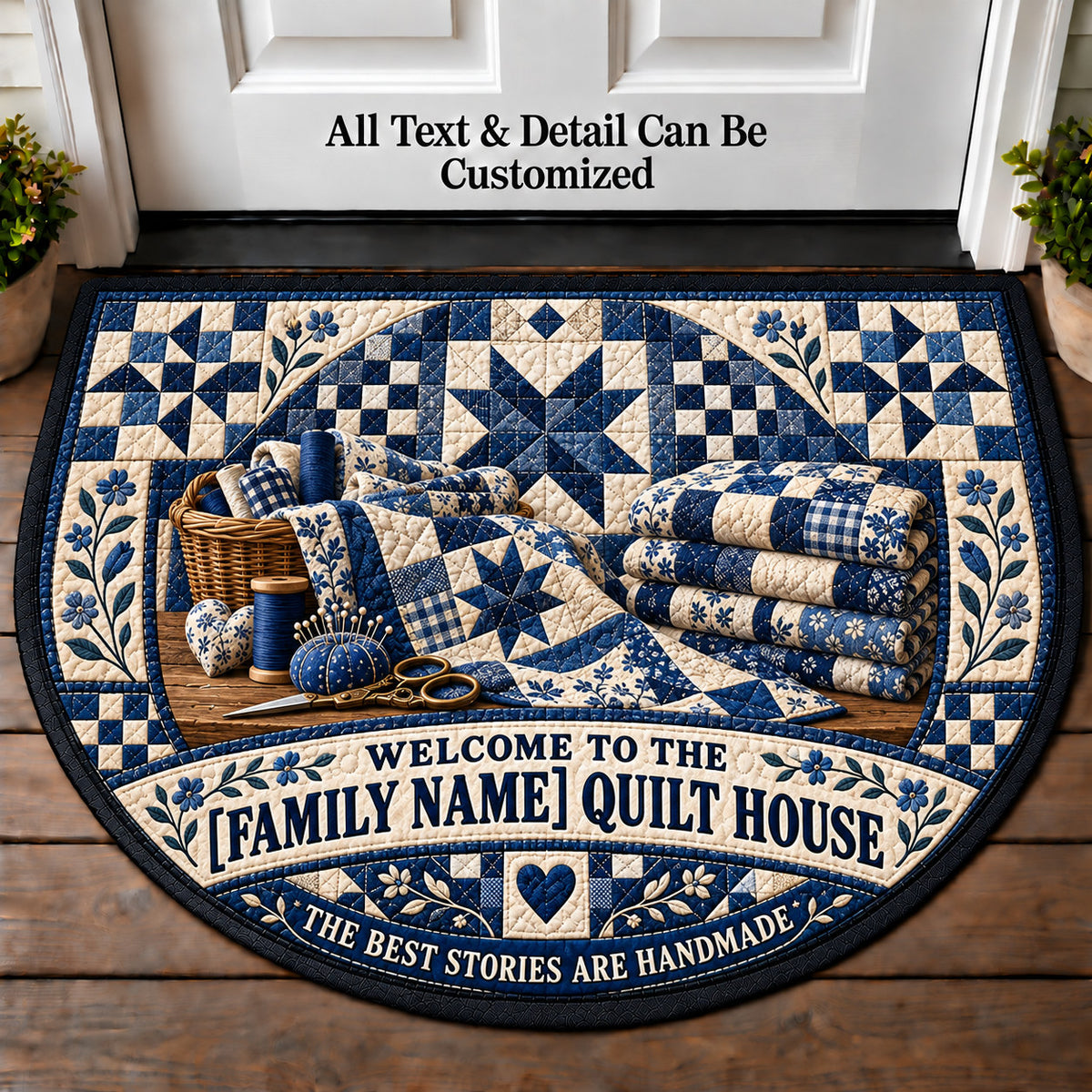 Blue and White Quilt - Family Quilt House Personalized Half Round Mat | 5To9Vibe