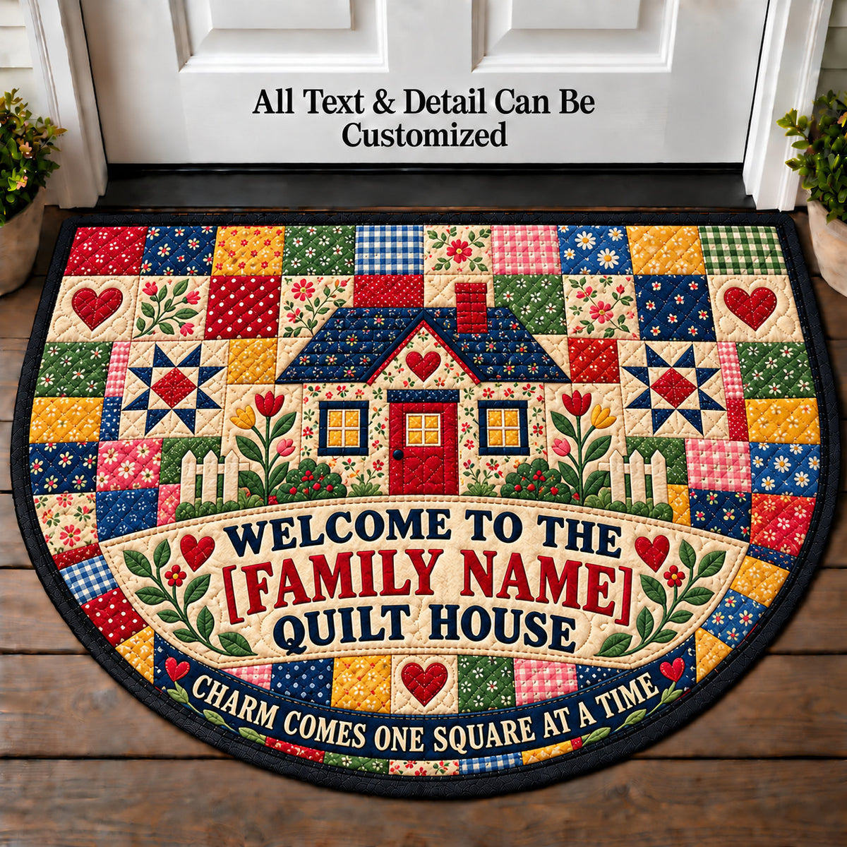 Charm Squares - Family Quilt House Personalized Half Round Mat | 5To9Vibe