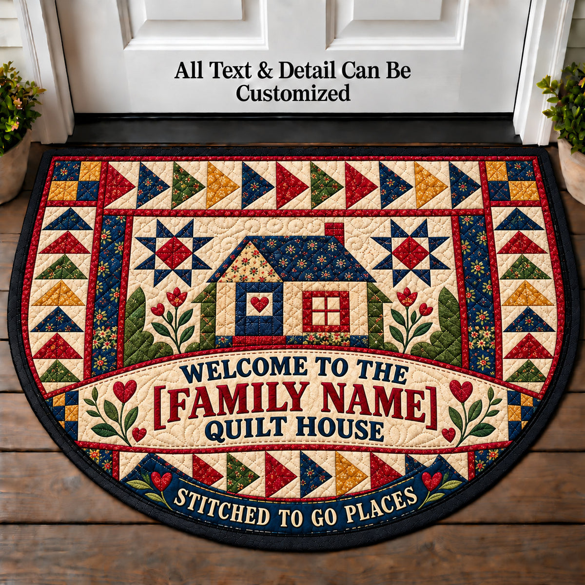 Flying Geese Pattern - Family Quilt House Personalized Half Round Mat | 5To9Vibe