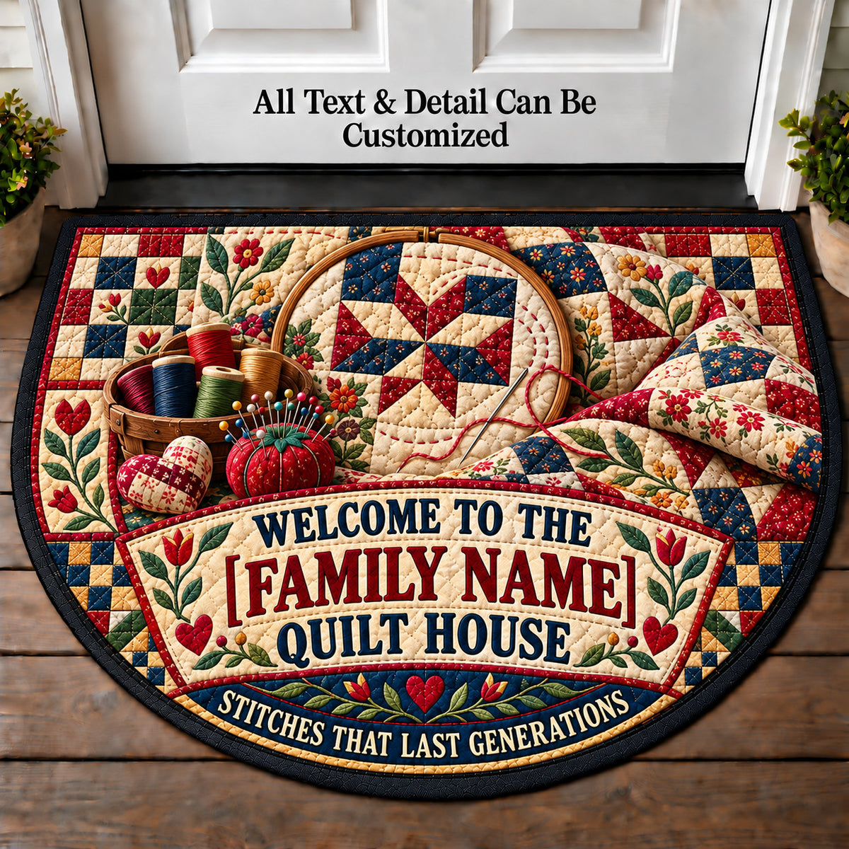 Hand Stitched Heirloom - Family Quilt House Personalized Half Round Mat | 5To9Vibe