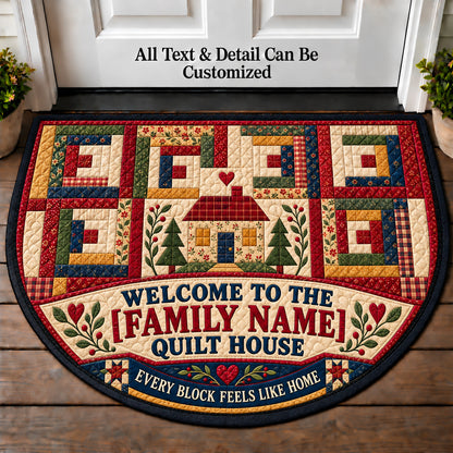 Log Cabin Quilt - Family Quilt House Personalized Half Round Mat | 5To9Vibe