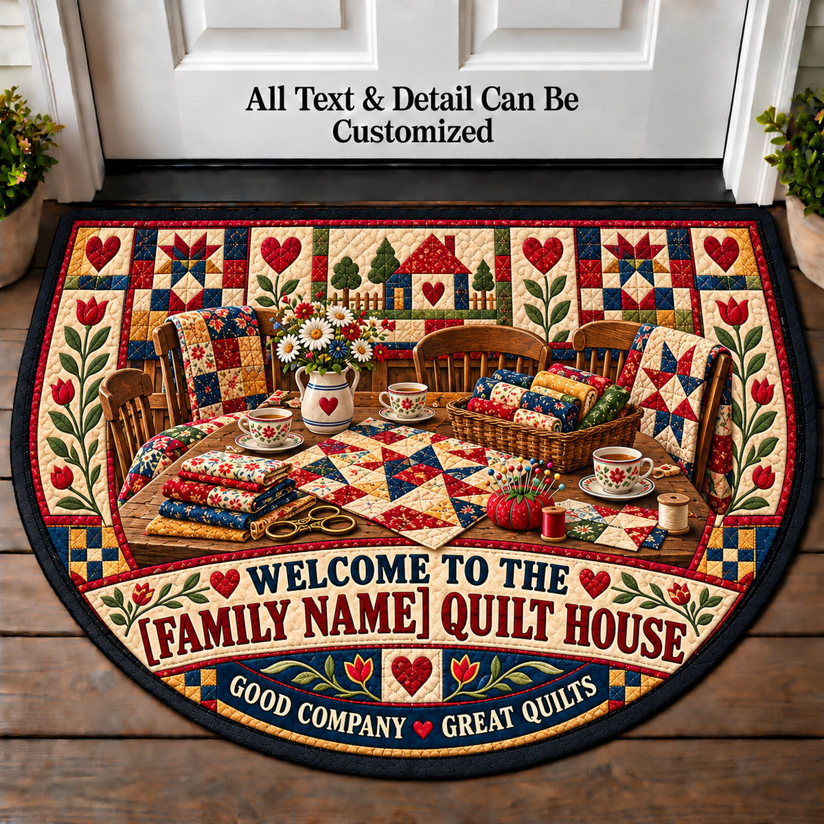 Quilting Bee Table - Family Quilt House Personalized Half Round Mat | 5To9Vibe