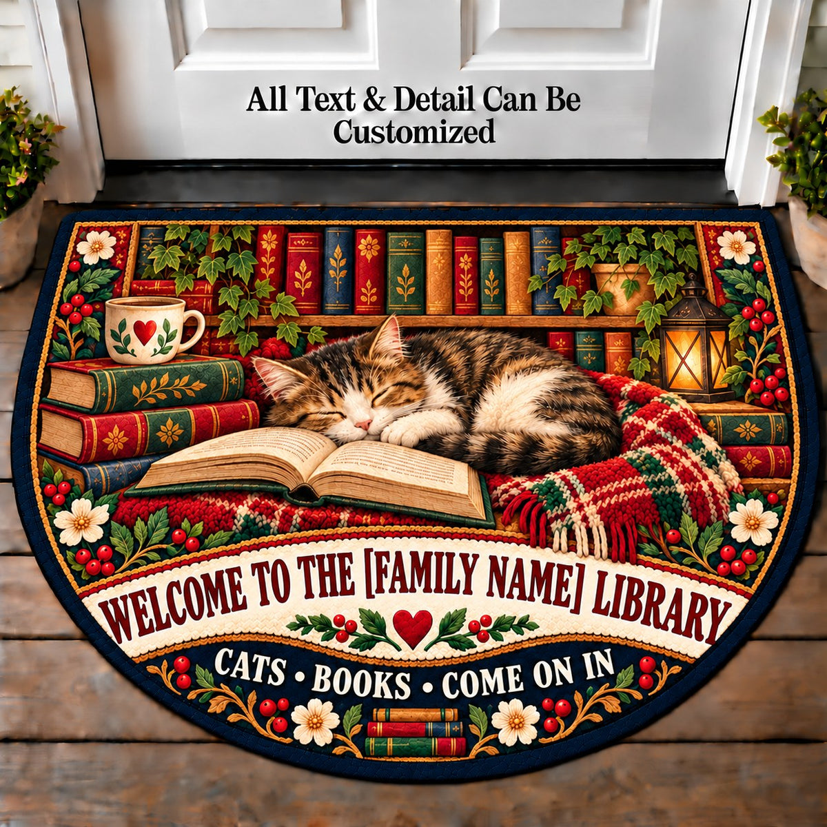 Books and Cats - Family Reading House Personalized Half Round Mat | 5To9Vibe
