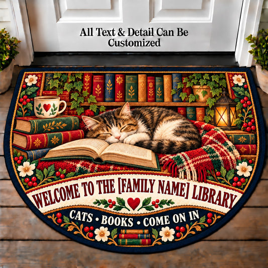 Books and Cats - Family Reading House Personalized Half Round Mat | 5To9Vibe