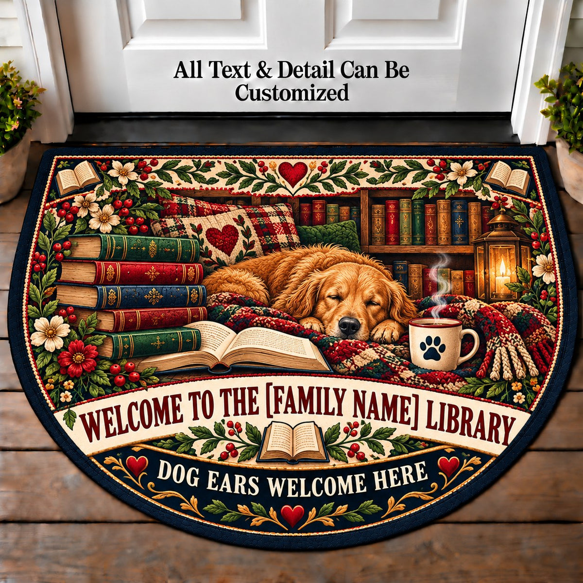 Books and Dogs - Family Reading House Personalized Half Round Mat | 5To9Vibe