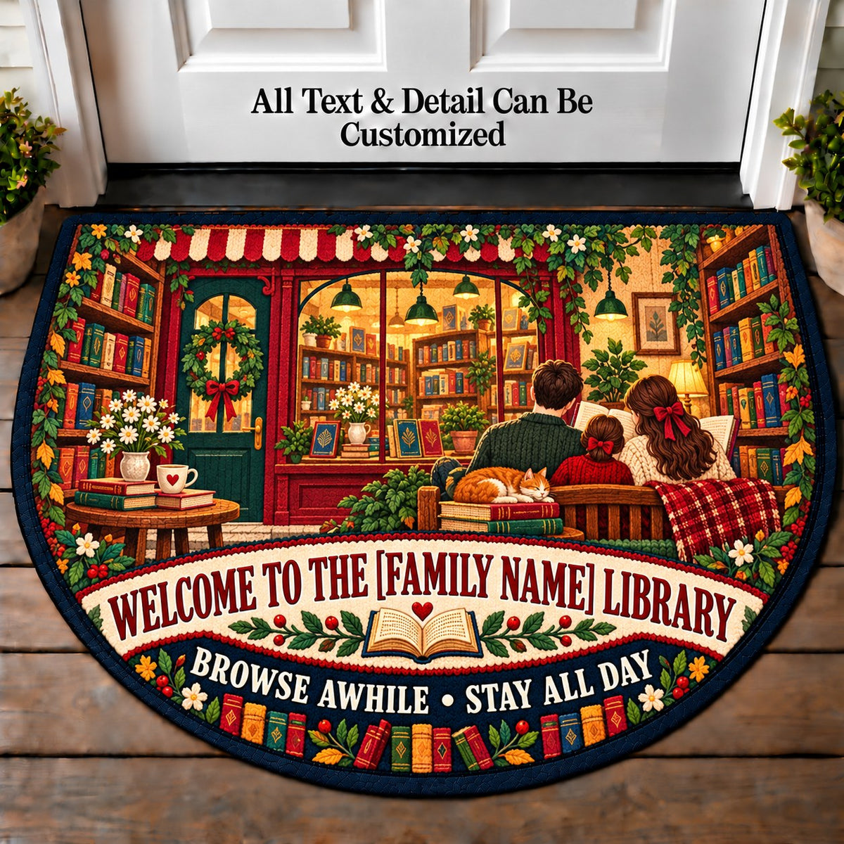 Bookshop Afternoon - Family Reading House Personalized Half Round Mat | 5To9Vibe
