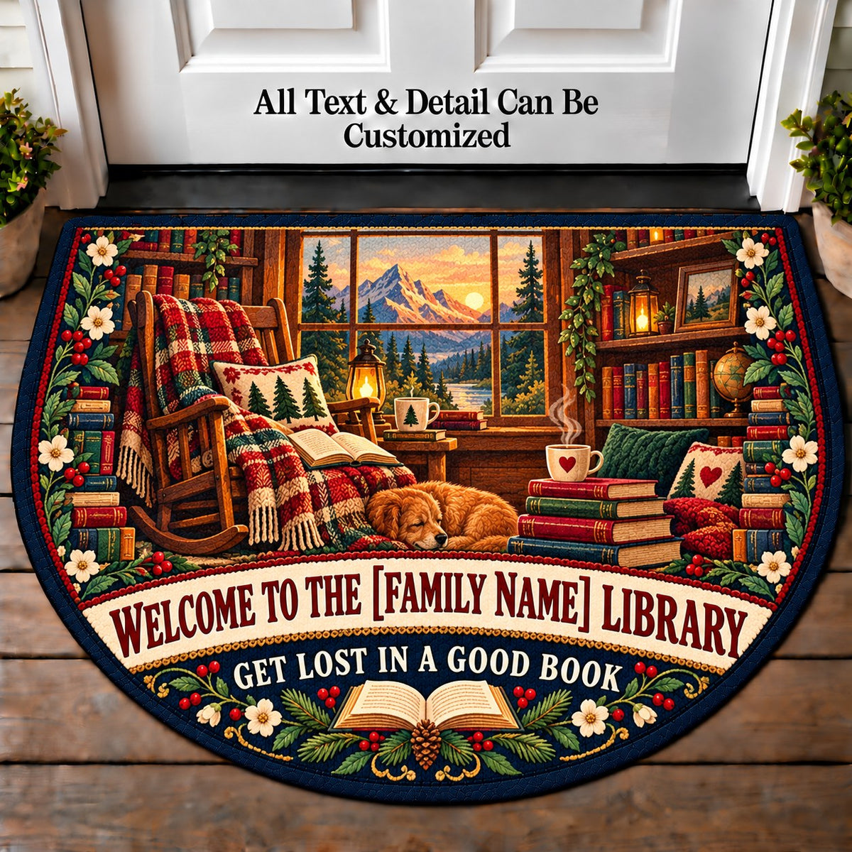 Mountain Cabin Library - Family Reading House Personalized Half Round Mat | 5To9Vibe