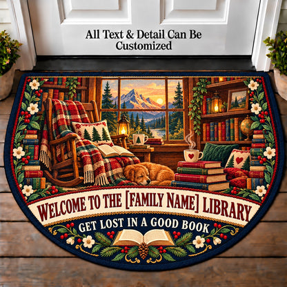 Mountain Cabin Library - Family Reading House Personalized Half Round Mat | 5To9Vibe