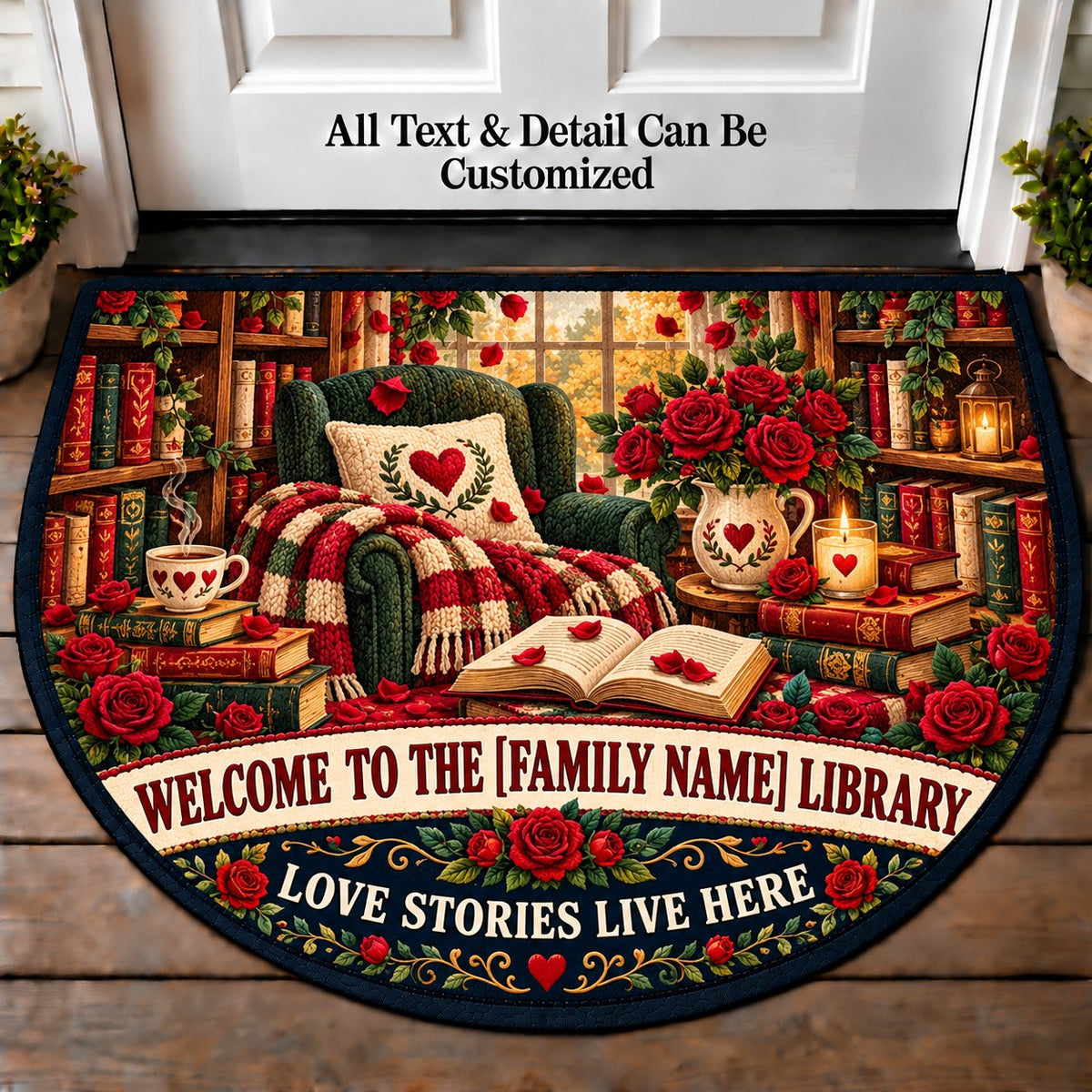 Romance and Roses - Family Reading House Personalized Half Round Mat | 5To9Vibe