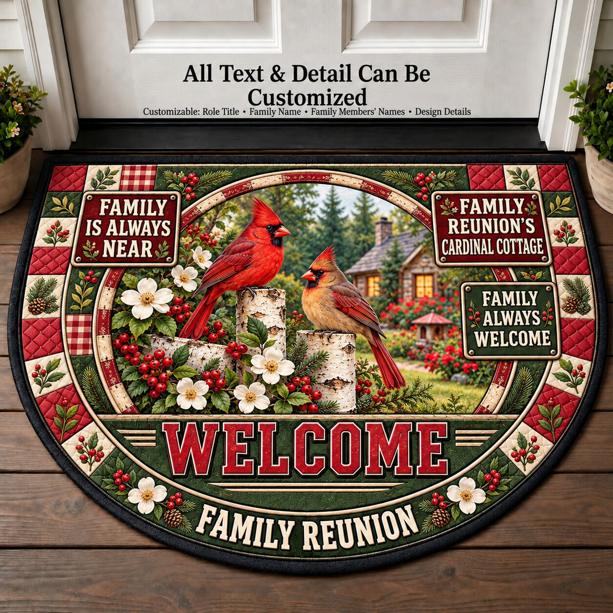 Family Reunion's Cardinal Cottage Personalized Half Round Mat | 5To9Vibe