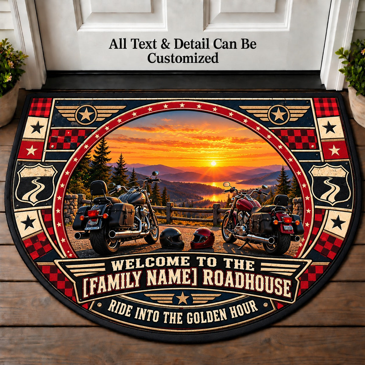 Cruiser at Dusk - Family Roadhouse Personalized Half Round Mat | 5To9Vibe