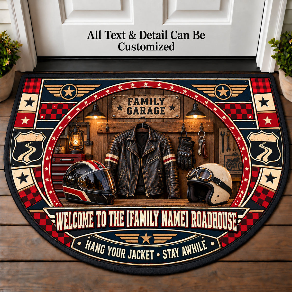 Leather Jacket Entry - Family Roadhouse Personalized Half Round Mat | 5To9Vibe