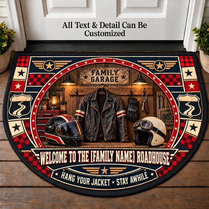 Leather Jacket Entry - Family Roadhouse Personalized Half Round Mat | 5To9Vibe