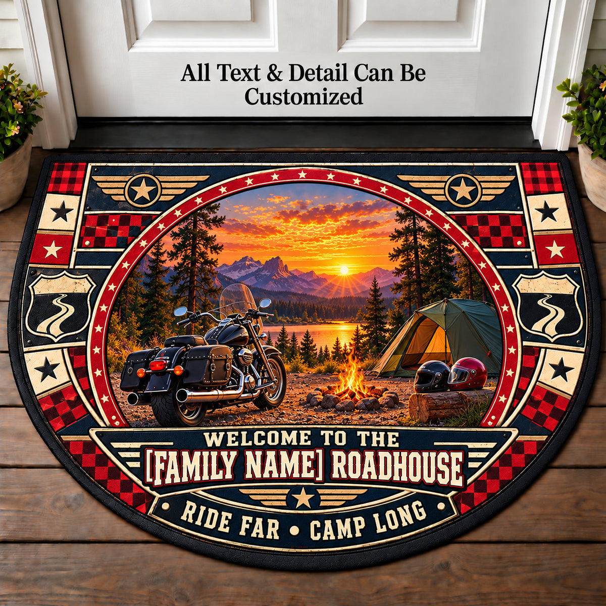 Motorcycle Campout - Family Roadhouse Personalized Half Round Mat | 5To9Vibe
