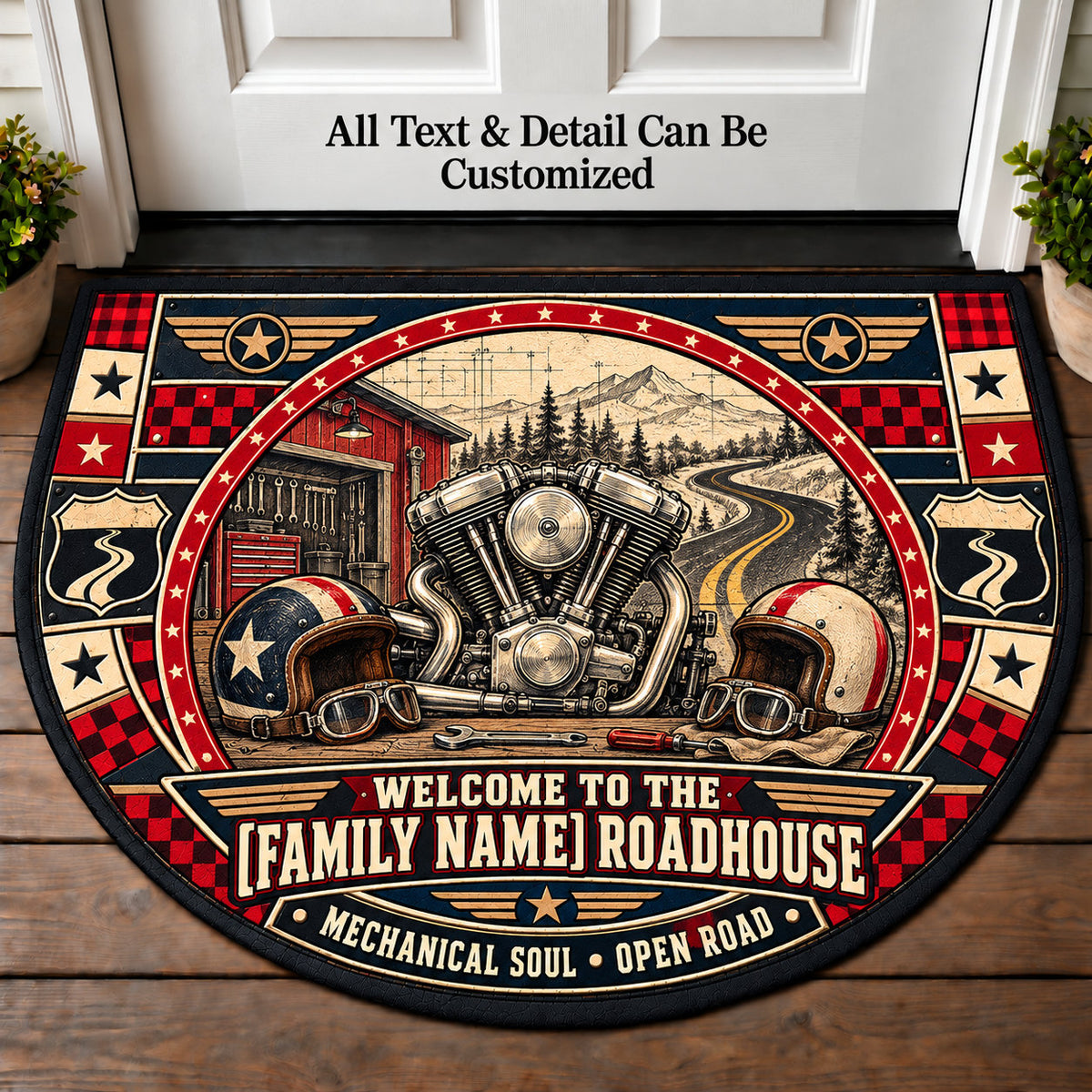 Twin Cylinder Drawing - Family Roadhouse Personalized Half Round Mat | 5To9Vibe