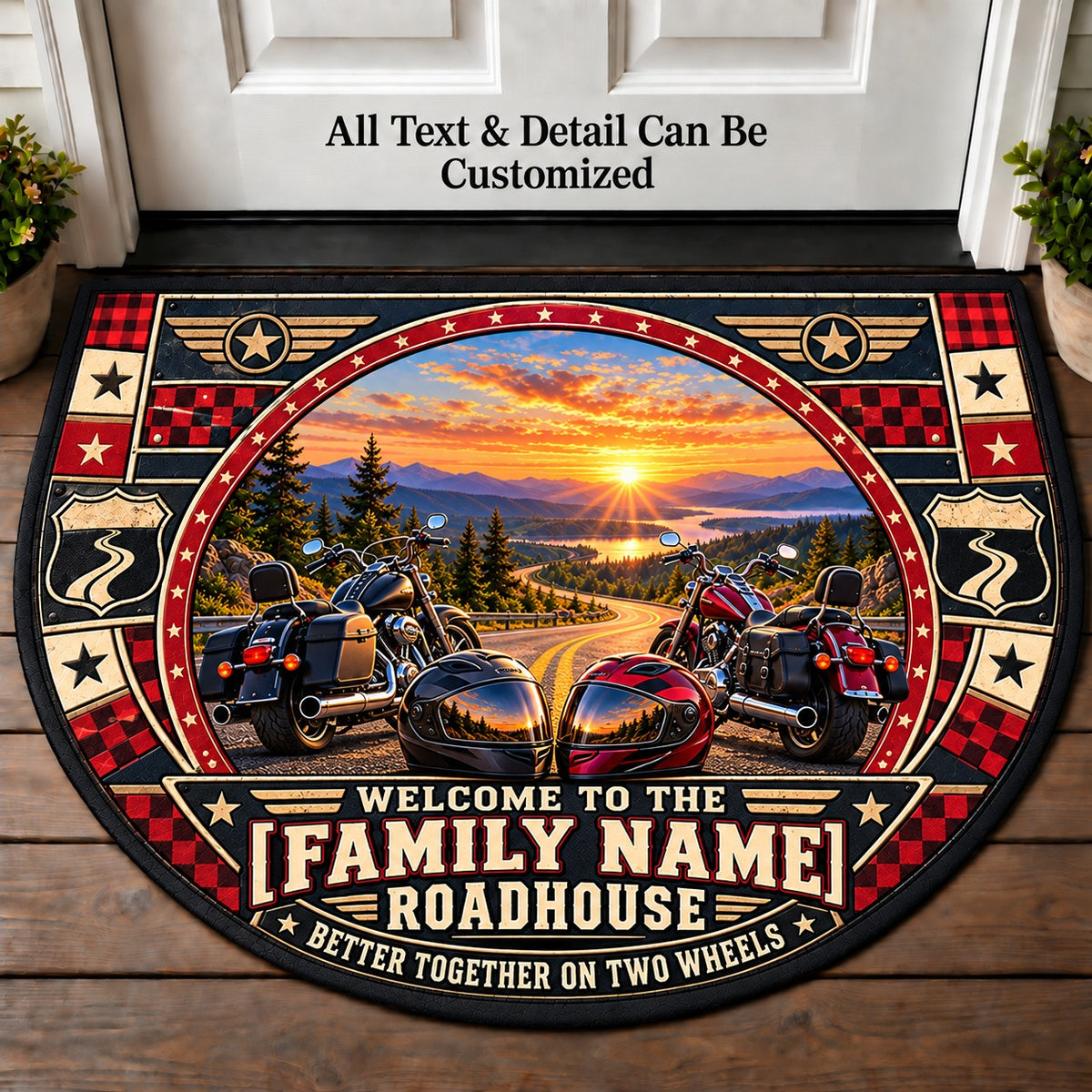 Two Helmets One Road - Family Roadhouse Personalized Half Round Mat | 5To9Vibe