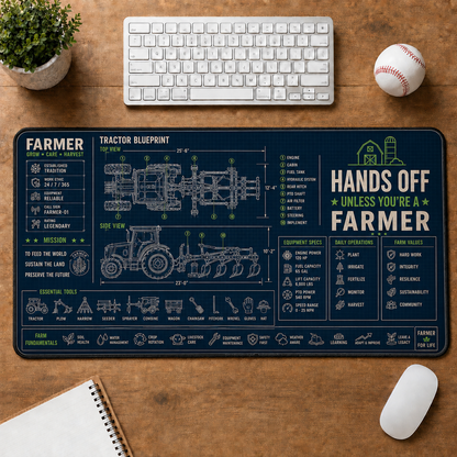 Farmer Blueprint Large Desk Mat - Tractor & Barn Architecture Plus Size Mouse Pad - 5to9vibe
