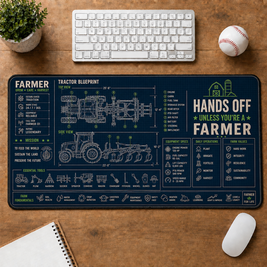 Farmer Blueprint Large Desk Mat - Tractor & Barn Architecture Plus Size Mouse Pad - 5to9vibe