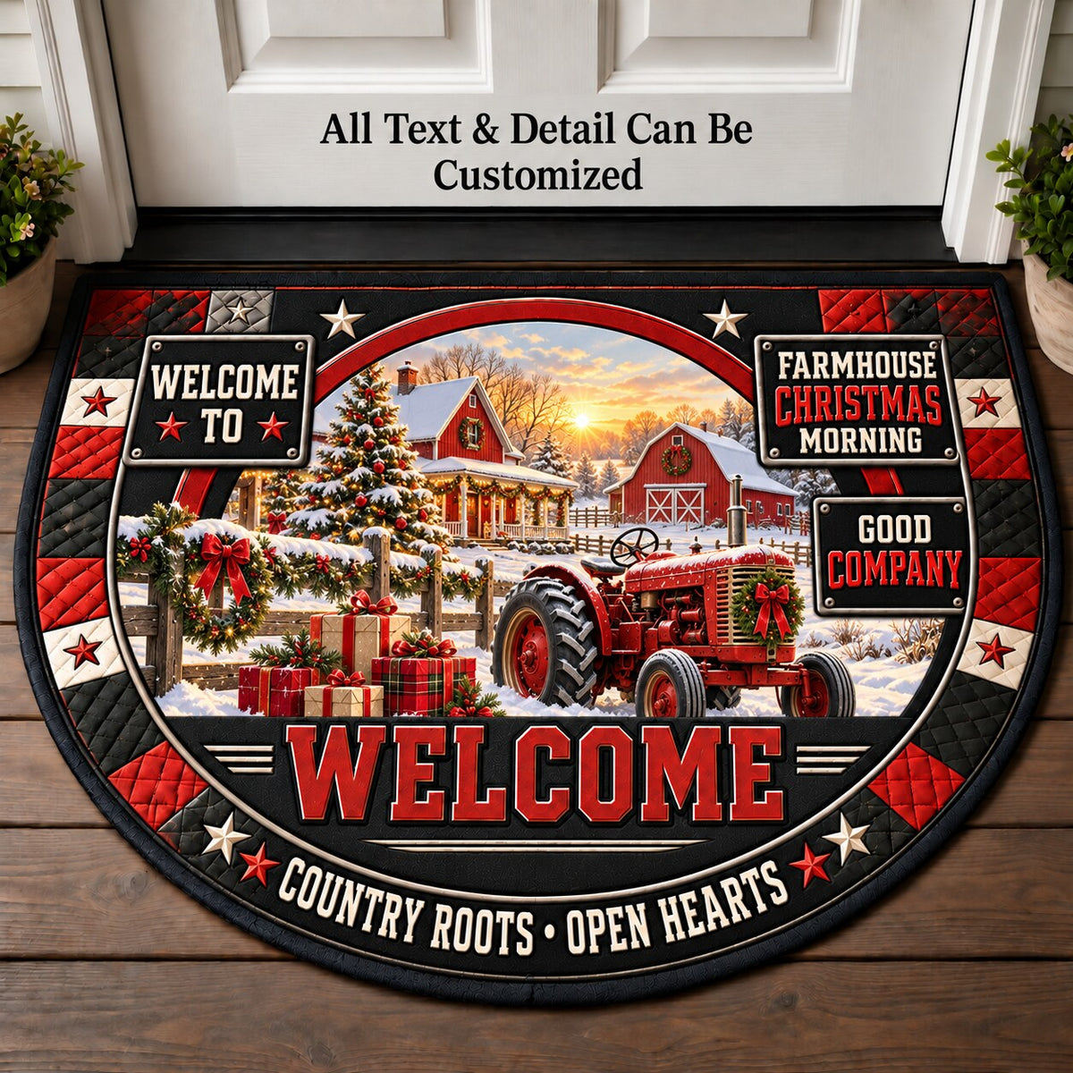 Farmhouse Christmas Morning Personalized Half Round Mat | 5To9Vibe