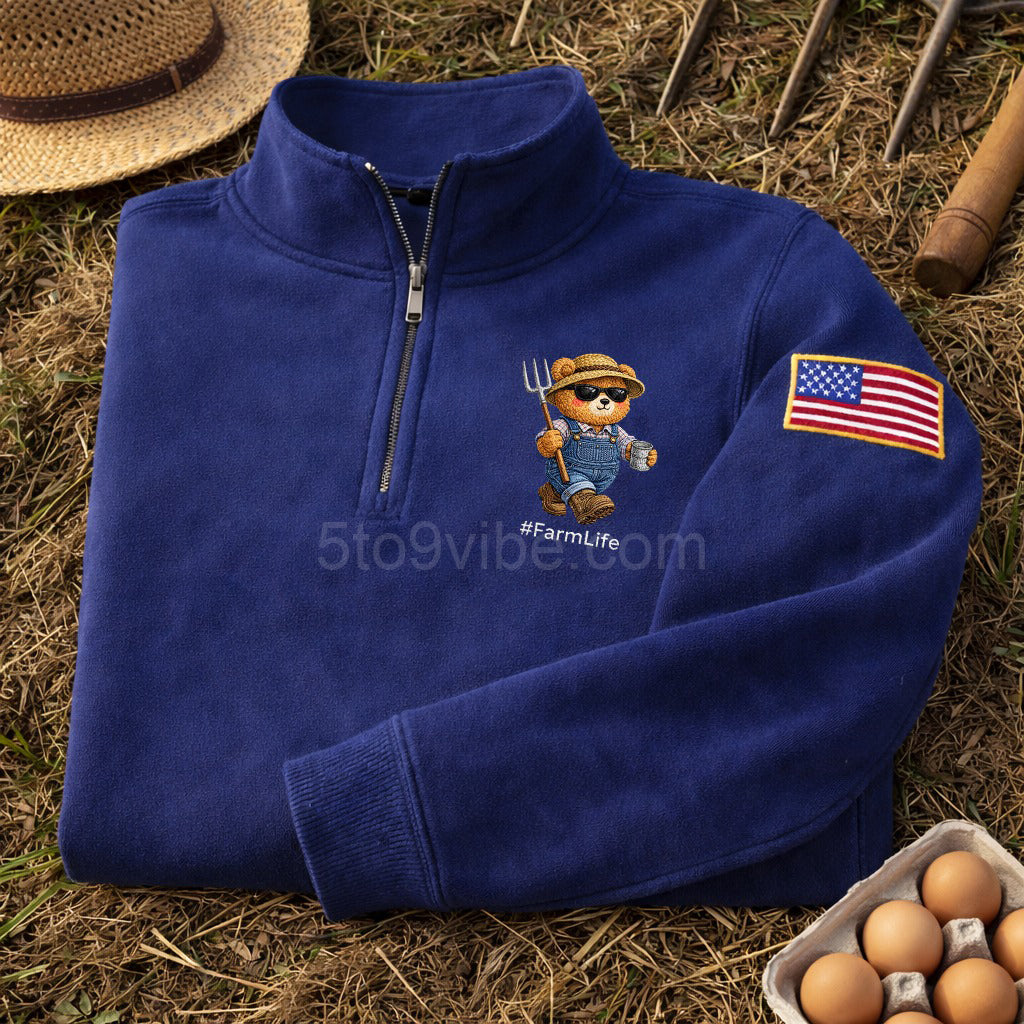 Farm Life Embroidered Quarter Zip Sweatshirt, Funny Farm Life Bear Pullover, Men's Casual Zip Up Jacket, Gift for Farm Life Lover Dad
