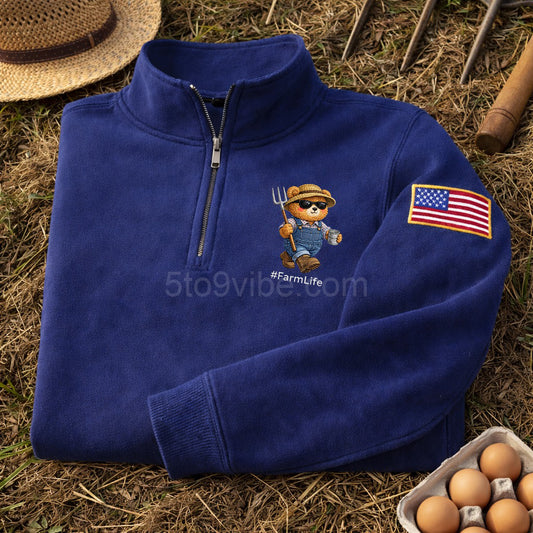 Farm Life Embroidered Quarter Zip Sweatshirt, Funny Farm Life Bear Pullover, Men's Casual Zip Up Jacket, Gift for Farm Life Lover Dad