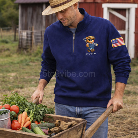 Farm Life Embroidered Quarter Zip Sweatshirt, Funny Farm Life Bear Pullover, Men's Casual Zip Up Jacket, Gift for Farm Life Lover Dad