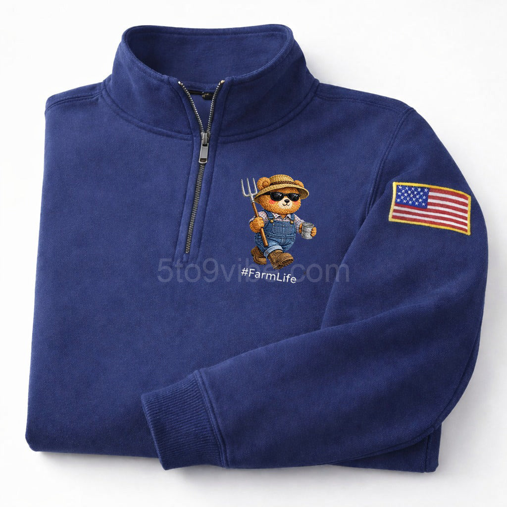 Farm Life Embroidered Quarter Zip Sweatshirt, Funny Farm Life Bear Pullover, Men's Casual Zip Up Jacket, Gift for Farm Life Lover Dad