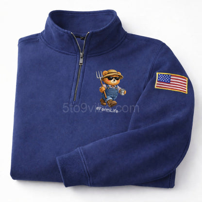 Farm Life Embroidered Quarter Zip Sweatshirt, Funny Farm Life Bear Pullover, Men's Casual Zip Up Jacket, Gift for Farm Life Lover Dad