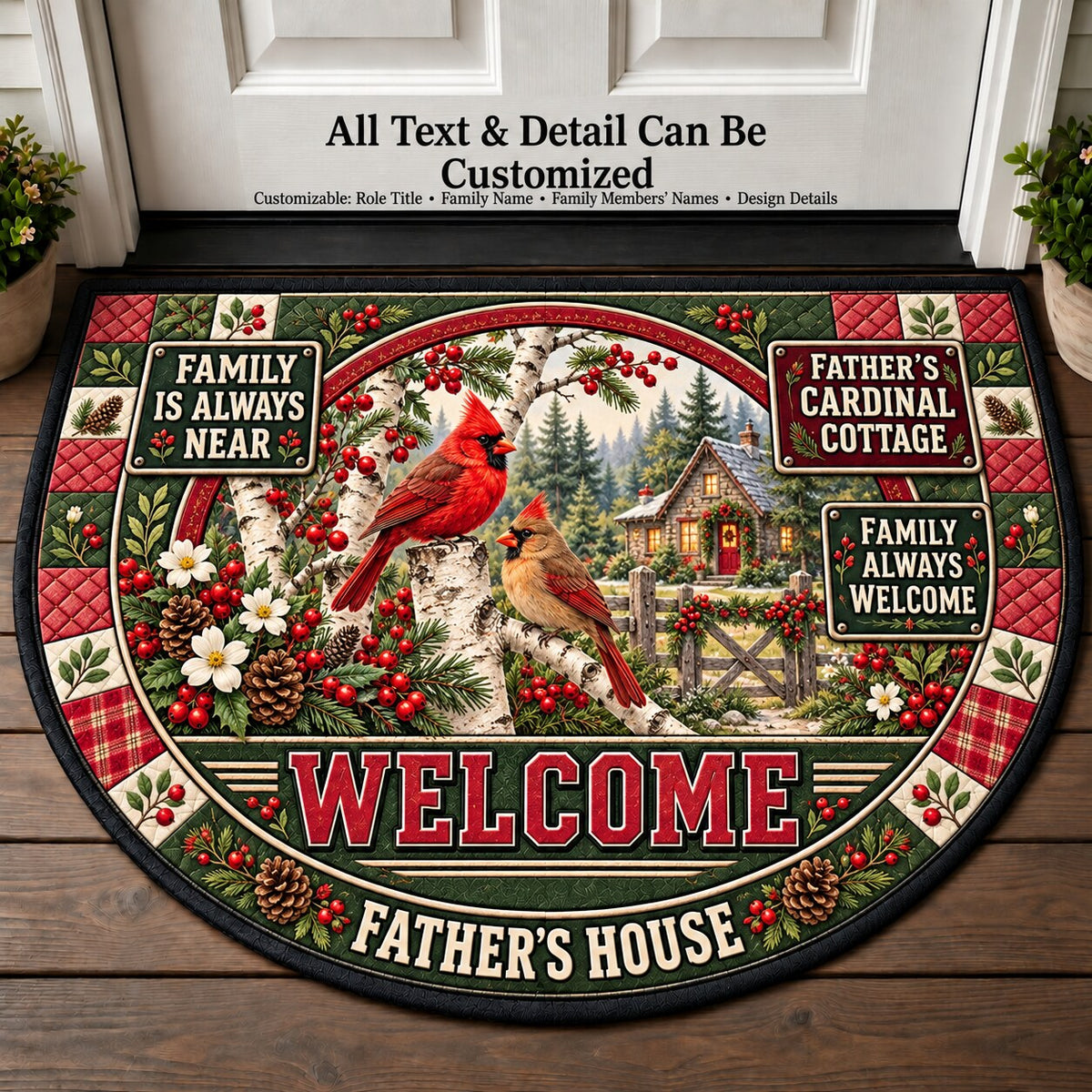 Father's Cardinal Cottage Personalized Half Round Mat | 5To9Vibe