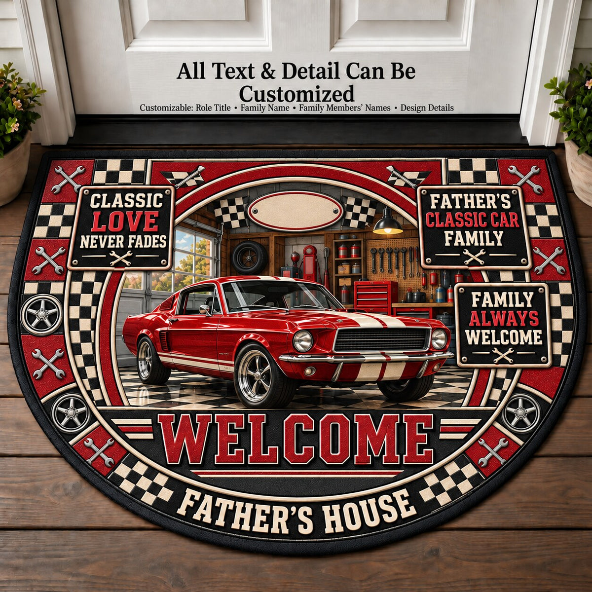 Father's Classic Car Family Personalized Half Round Mat | 5To9Vibe