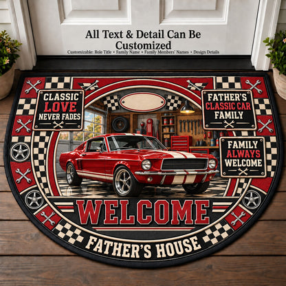 Father's Classic Car Family Personalized Half Round Mat | 5To9Vibe