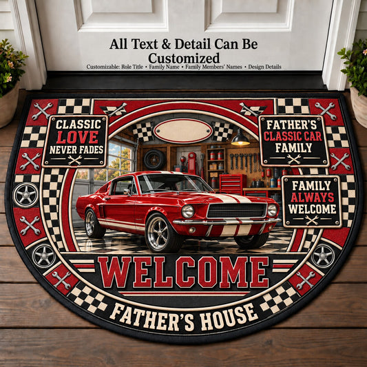Father's Classic Car Family Personalized Half Round Mat | 5To9Vibe