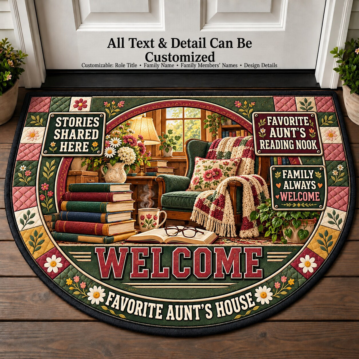 Favorite Aunt's Reading Nook Personalized Half Round Mat | 5To9Vibe