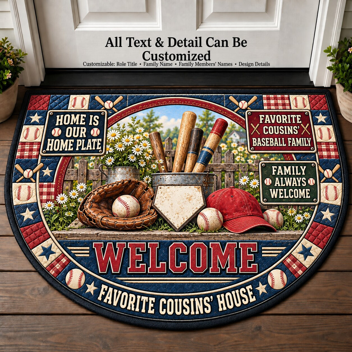 Favorite Cousins' Baseball Family Personalized Half Round Mat | 5To9Vibe