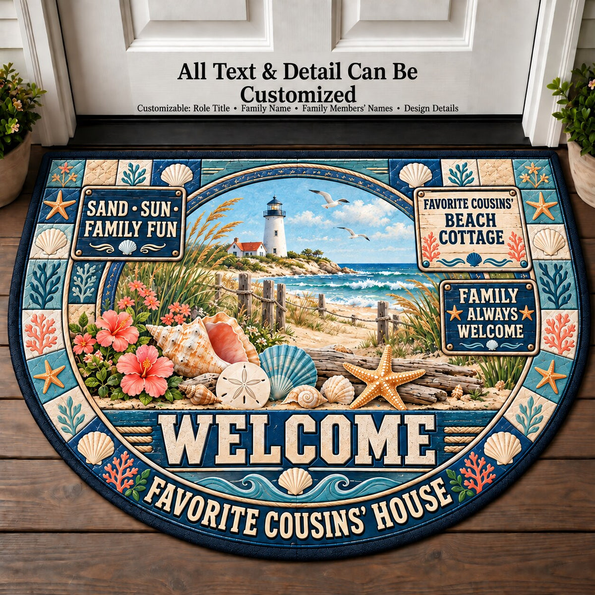 Favorite Cousins' Beach Cottage Personalized Half Round Mat | 5To9Vibe