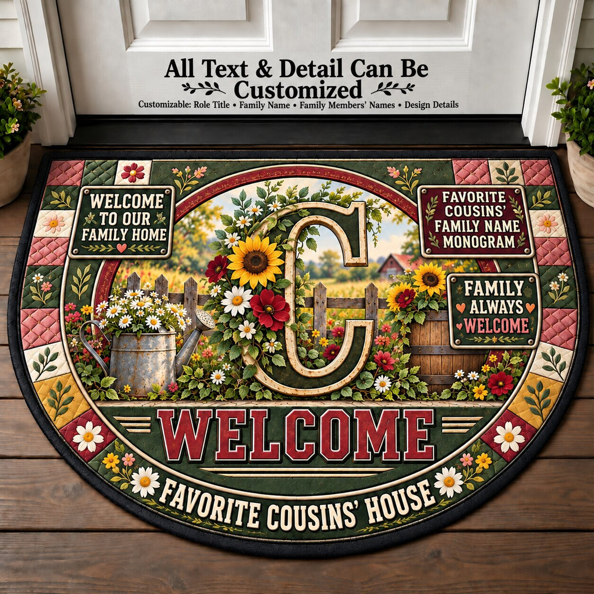 Favorite Cousins' Family Name Monogram Personalized Half Round Mat | 5To9Vibe