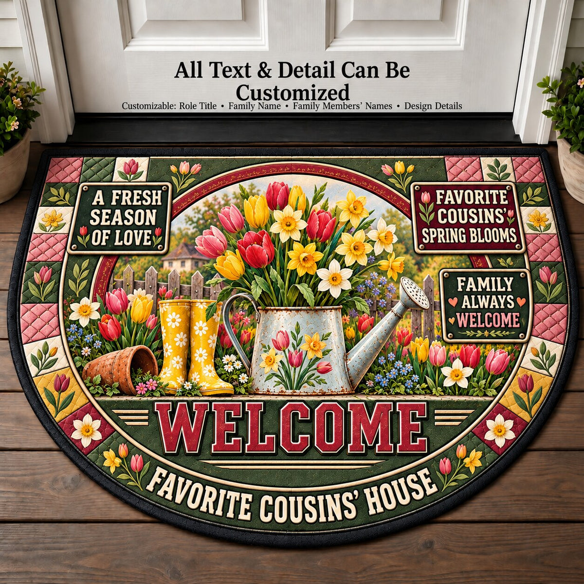 Favorite Cousins' Spring Blooms Personalized Half Round Mat | 5To9Vibe