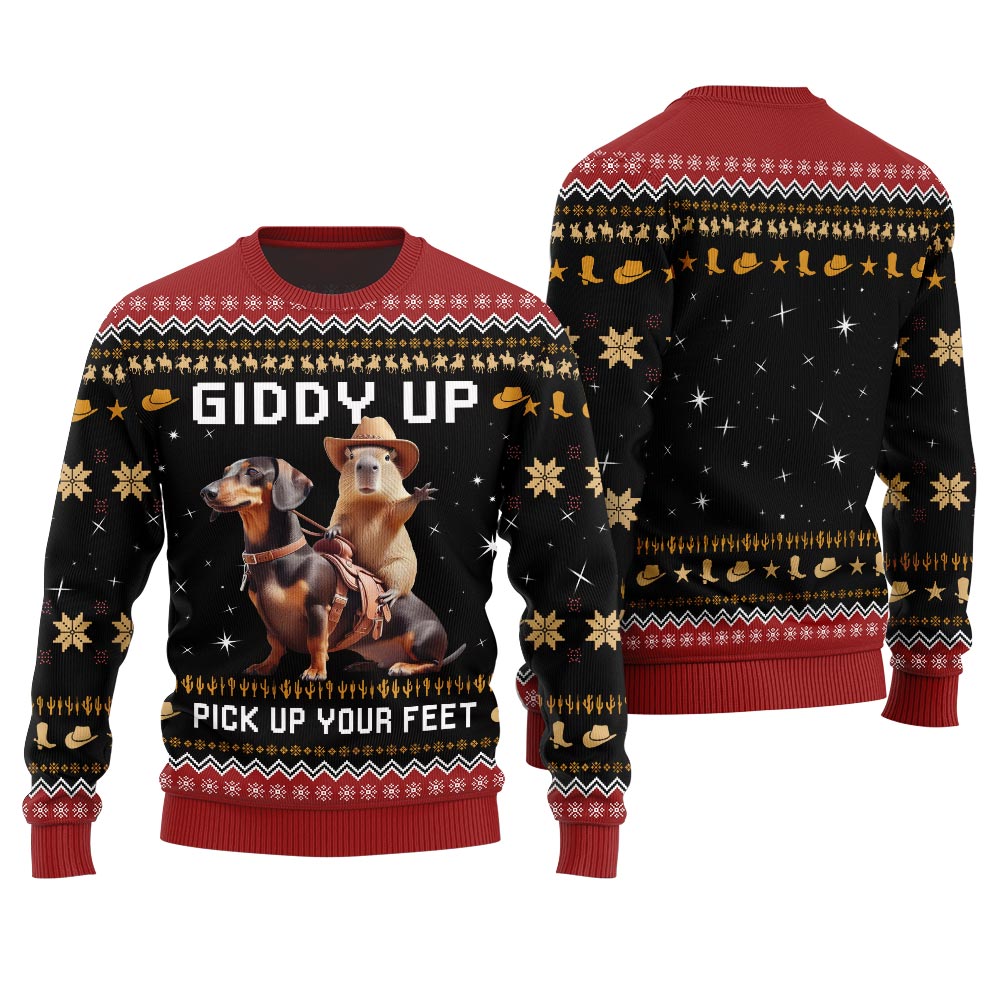Fearless Cowboy Capybara Dachshund Ugly Christmas Sweater