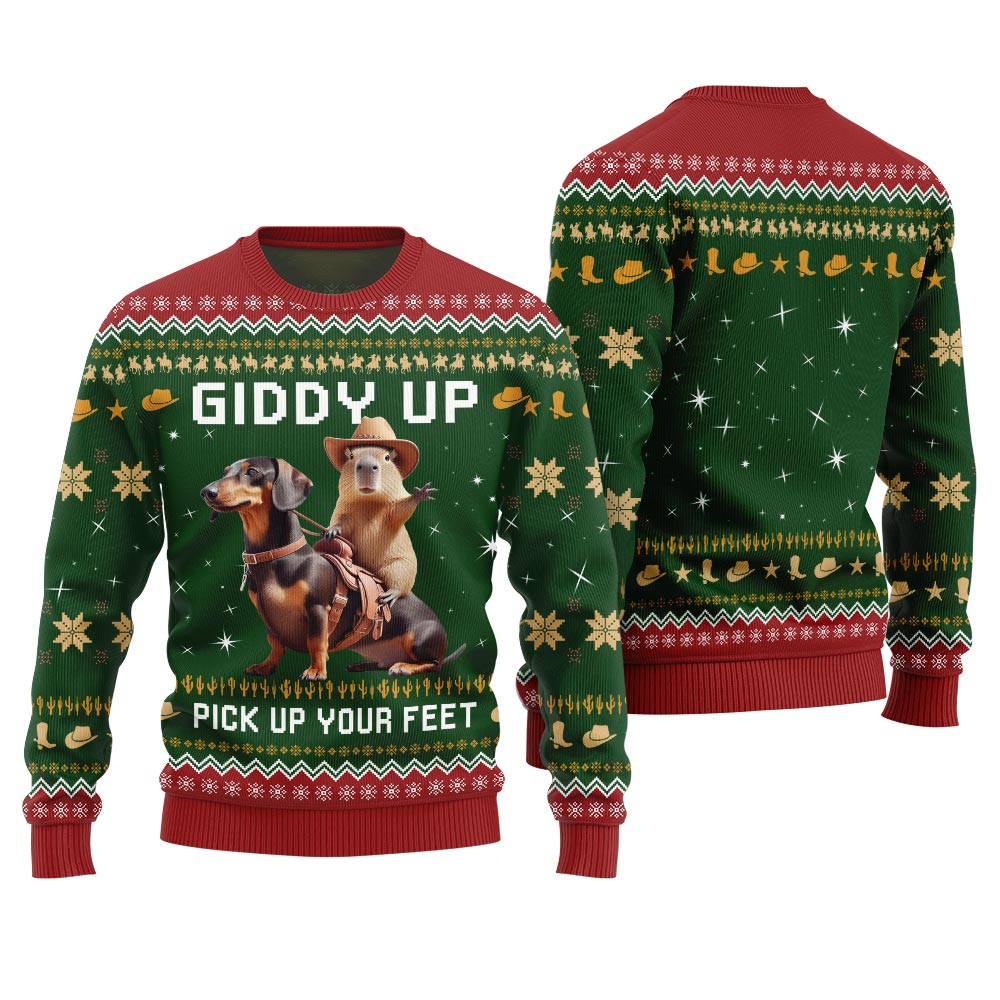 Fearless Cowboy Capybara Dachshund Ugly Christmas Sweater