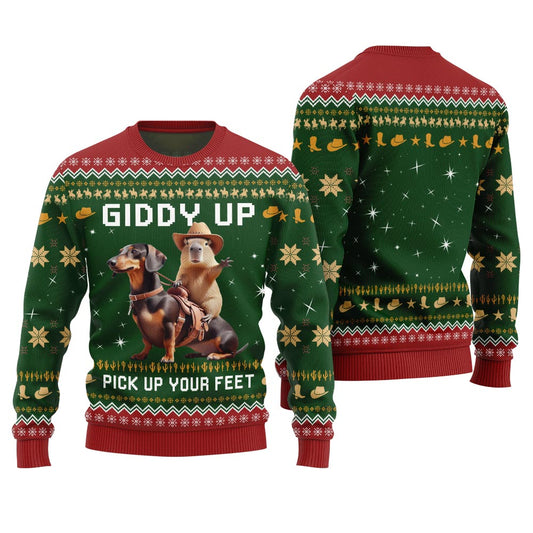 Fearless Cowboy Capybara Dachshund Ugly Christmas Sweater
