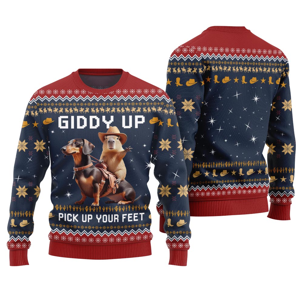 Fearless Cowboy Capybara Dachshund Ugly Christmas Sweater