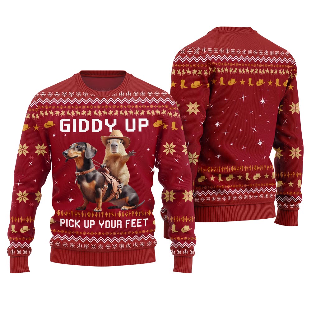 Fearless Cowboy Capybara Dachshund Ugly Christmas Sweater