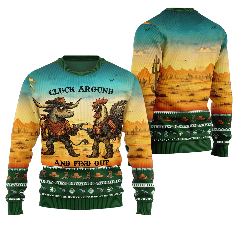 Fearless Cowboy Cow And Chicken Ugly Christmas Sweater