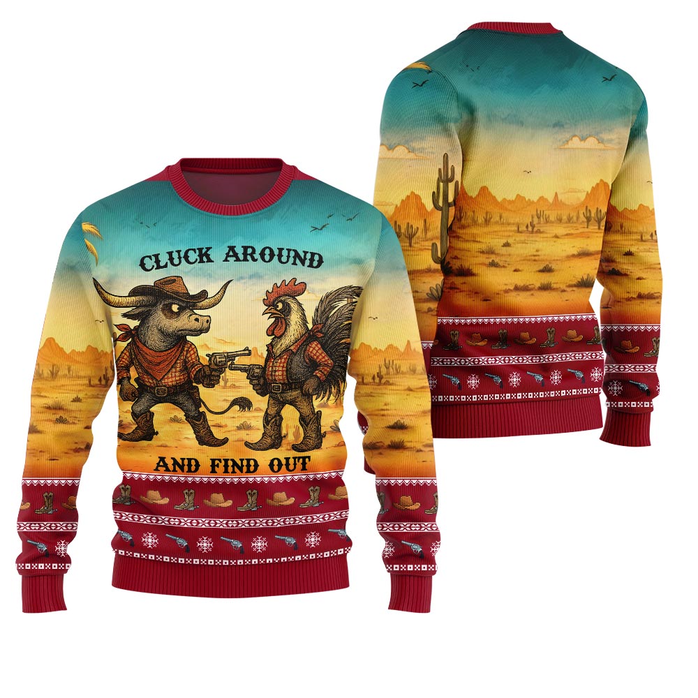 Fearless Cowboy Cow And Chicken Ugly Christmas Sweater