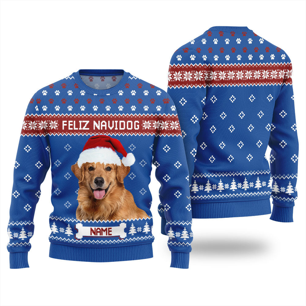 Custom Pet Face Feliz Navidog Mens Xmas Sweaters