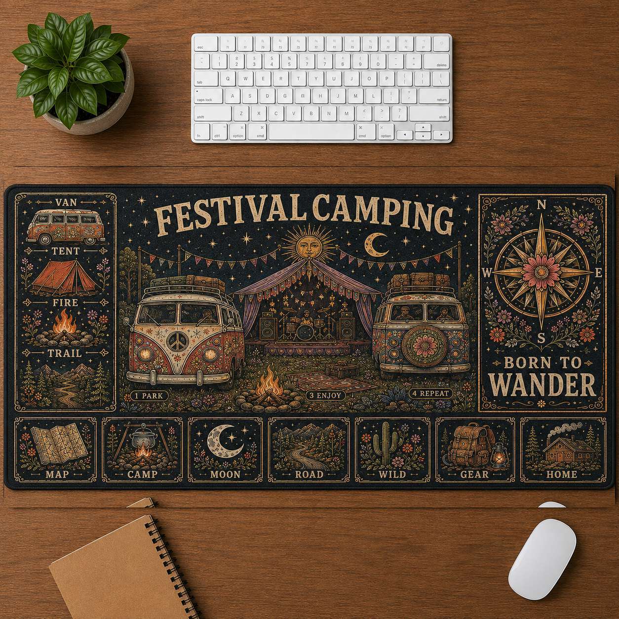 Mountain Camping Hippie Desk Mat Mouse Pad | 5To9Vibe - Festival Camping style