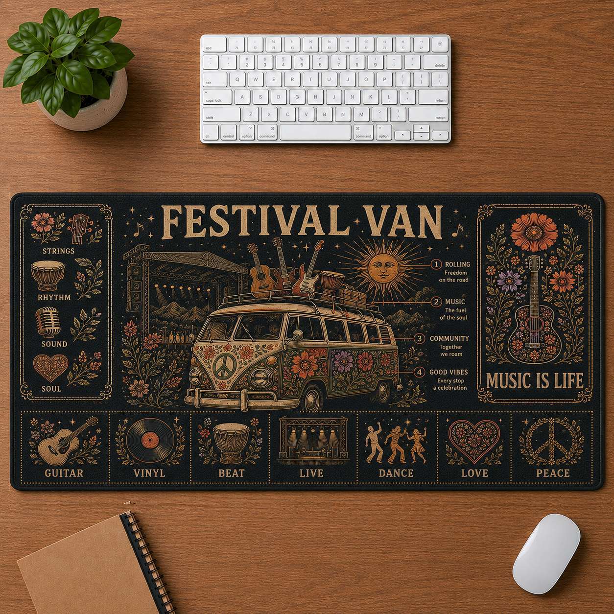 Retro Headphones Hippie Desk Mat Mouse Pad | 5To9Vibe - Festival Van style