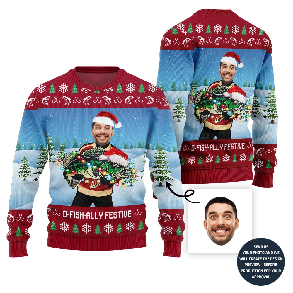 Festive Custom Fishing Ugly Christmas Sweater For Men