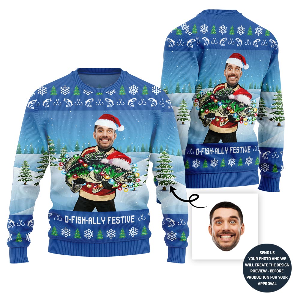 Festive Custom Fishing Ugly Christmas Sweater For Men