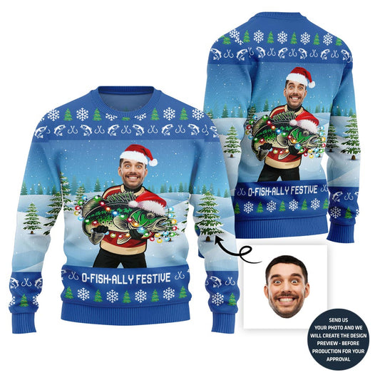 Festive Custom Fishing Ugly Christmas Sweater For Men